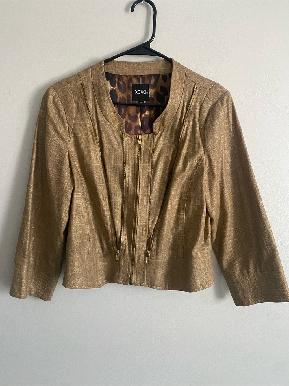 XOXO Gold Cropped Zip Blazer with Leopard Lining